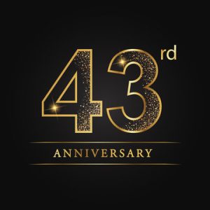 Gold glittery design featuring the text "43rd Anniversary" on a black background, perfect for celebrating milestone events and commemorations.