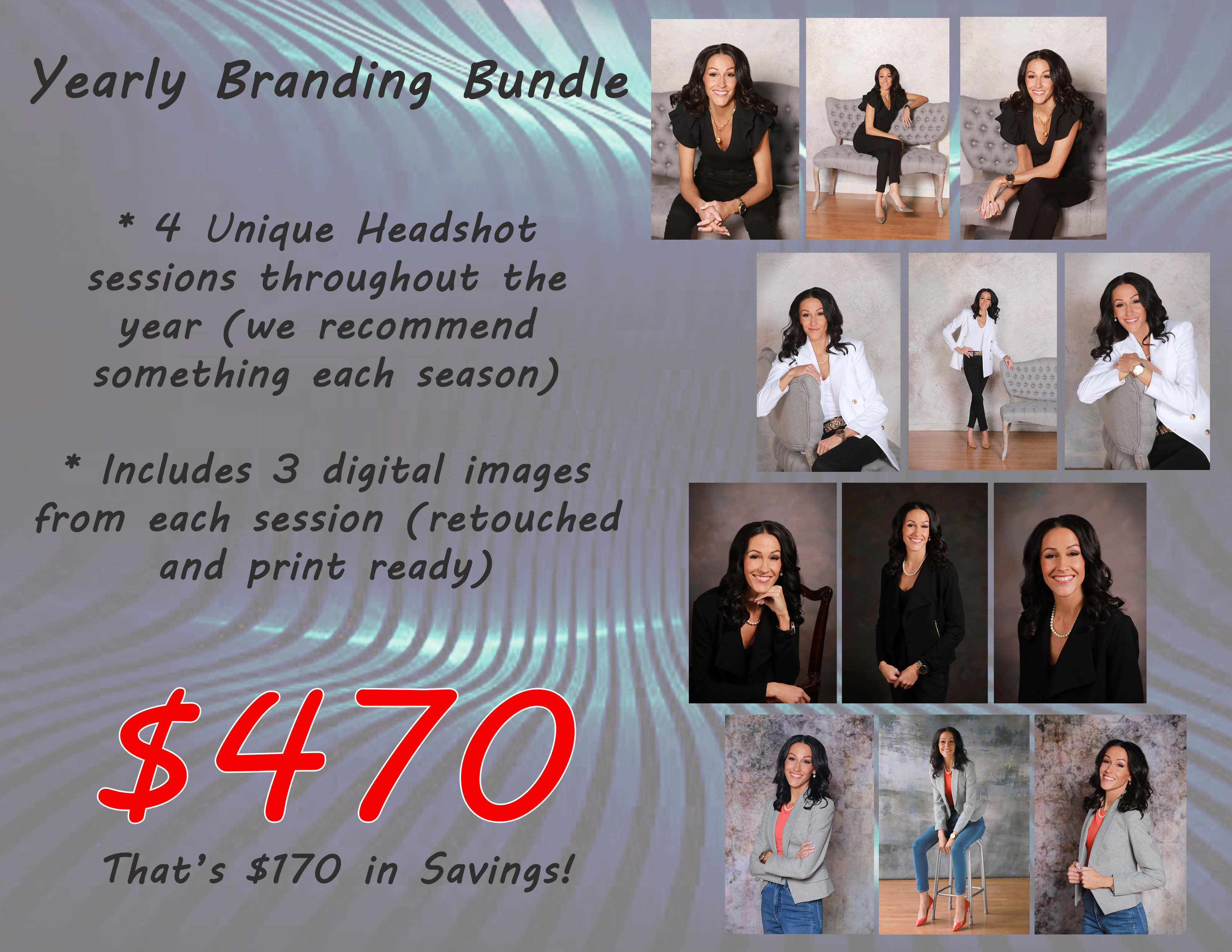 Professional seasonal headshots showing wardrobe and backdrop variety throughout the year